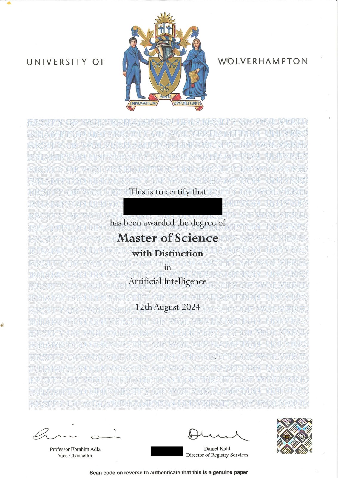 MSc Artificial Intelligence 学位证书样张