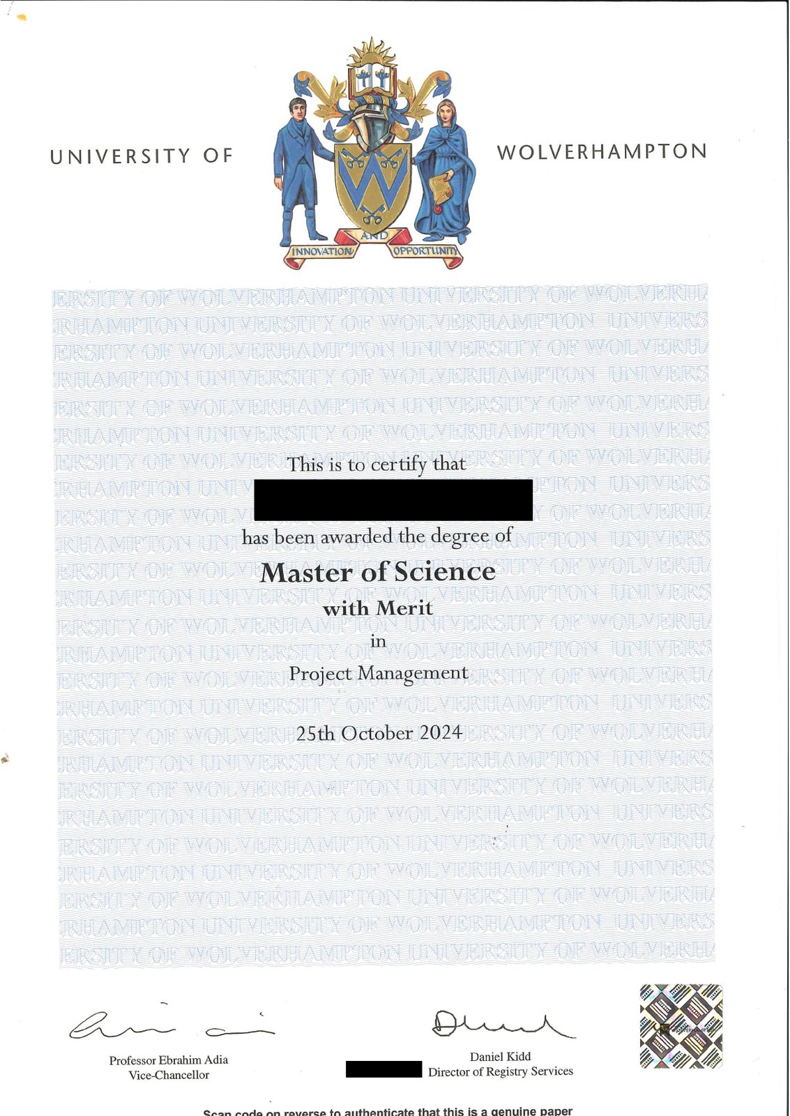 MSc Project Management 学位证书样张